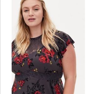 Torrid DARK GREY FLORAL KNIT & LACE MOCK NECK PEPLUM BLOUSE
